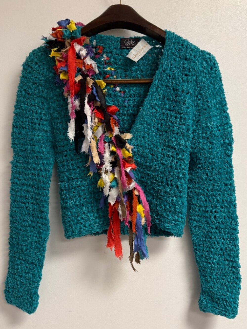 Vintage 80s Teal Multicolor Stretch Knit Unique Artsy Cardigan Sweater S/M - Picture 4 of 10